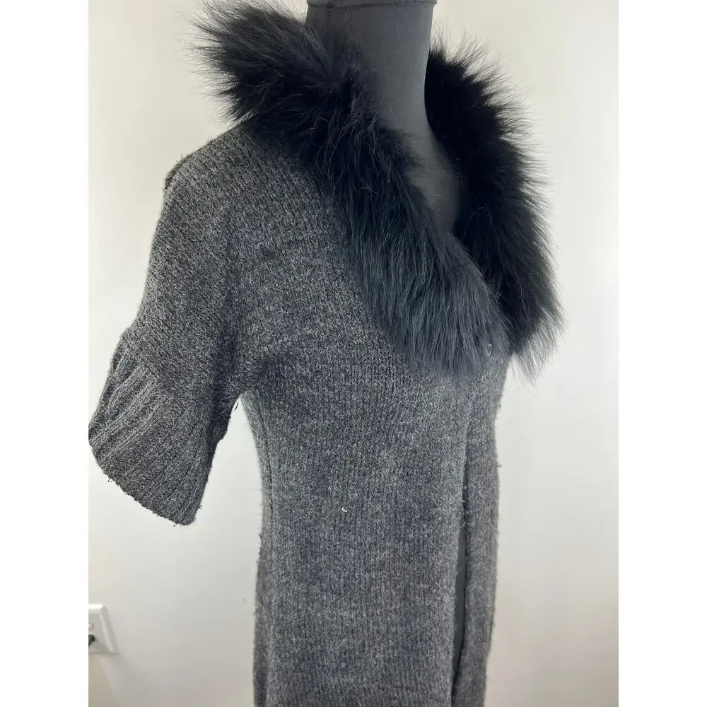 Sisters Dark Gray Wool Blend Fur Trim Short Sleeve Cardigan Sweater S Small